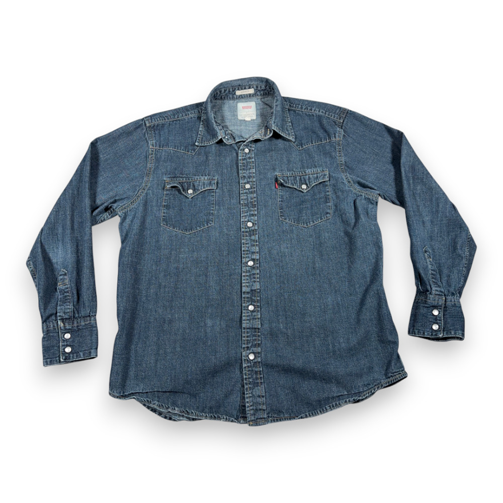 Levis Western Shirt Adult LARGE Blue Denim Dark Wash Pearl Snap Regular Fit